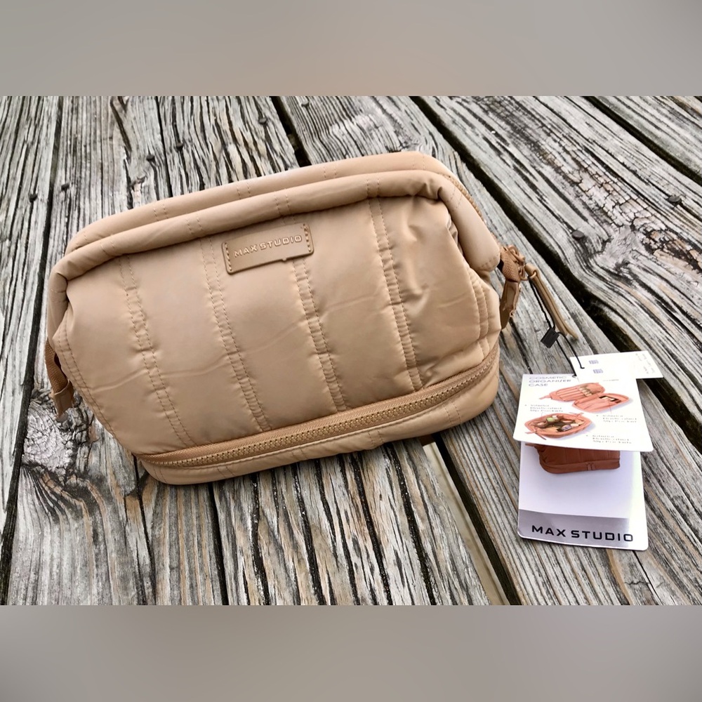 NEW Max Studio Tan Nylon Puffer Small Alligator Bag Tubular Cosmetic Organizer